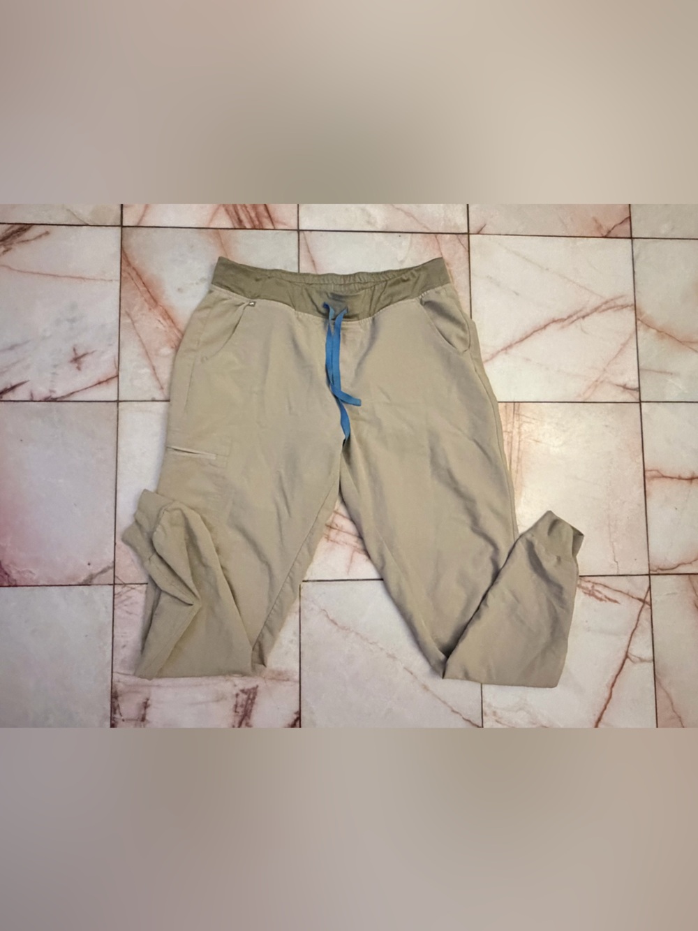 Figs Khaki Joggers with Olive Waistband & Blue Drawstring